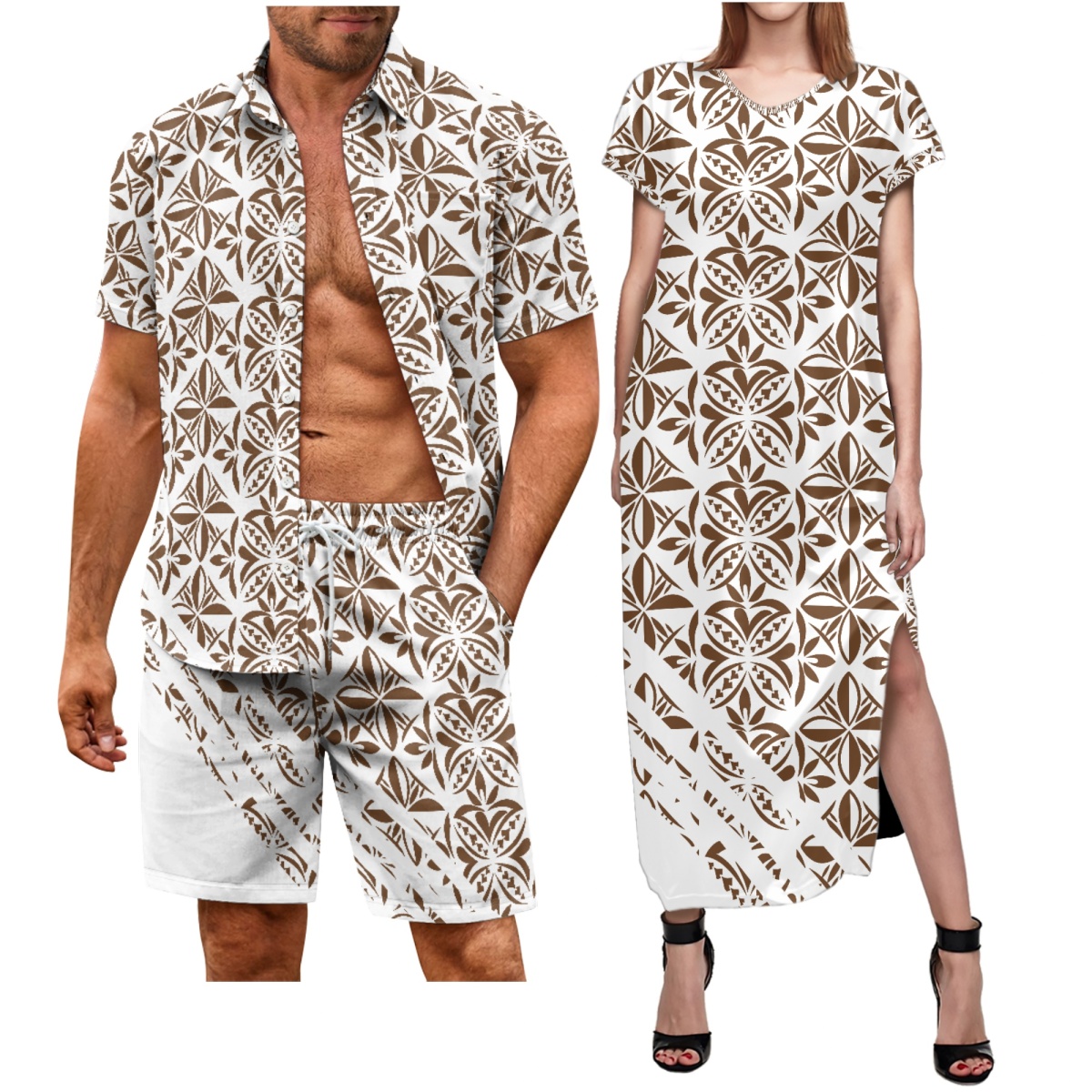 2023 Polynesian-Impressed Matching {Couples} Outfits: Tribal Print Gown Shirts, Shorts, and Maxi Gown for Girls, Plus Coordinated Males’s Units for Seaside Events