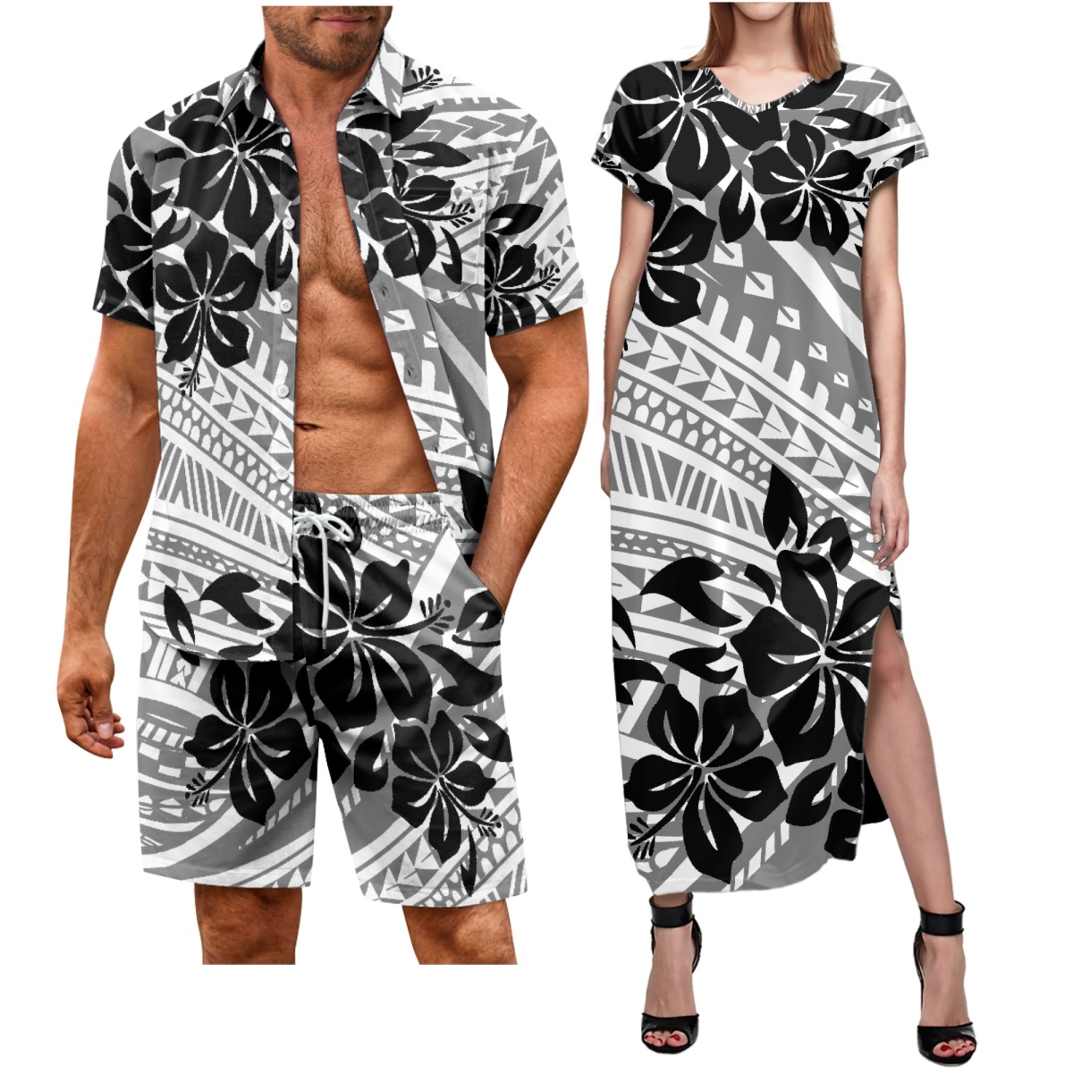 2023 Polynesian-Impressed Matching {Couples} Outfits: Tribal Print Gown Shirts, Shorts, and Maxi Gown for Girls, Plus Coordinated Males’s Units for Seaside Events