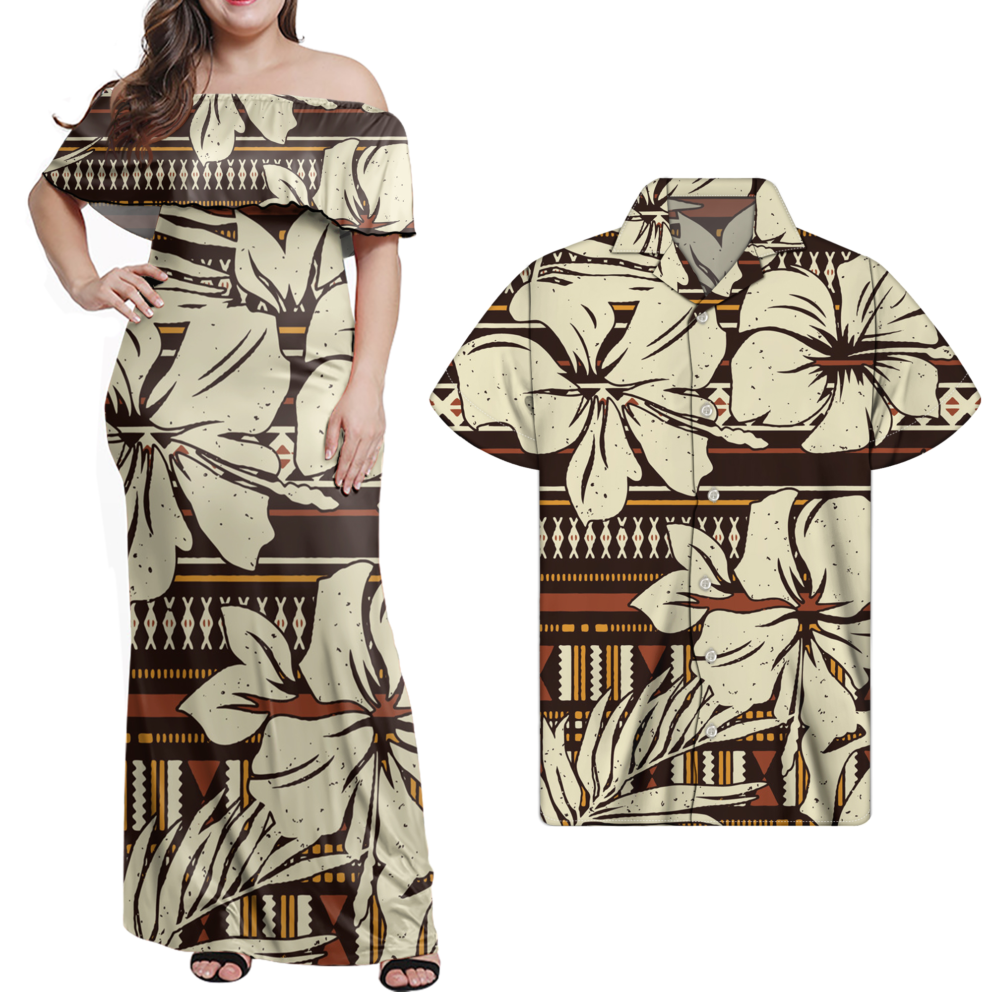 Couple SAMOA Attire: Polynesian Tribal Design Informal Off-Shoulder Ruffle Gown & Skirt Set for Elegant Matching Outfits for Males and Girls