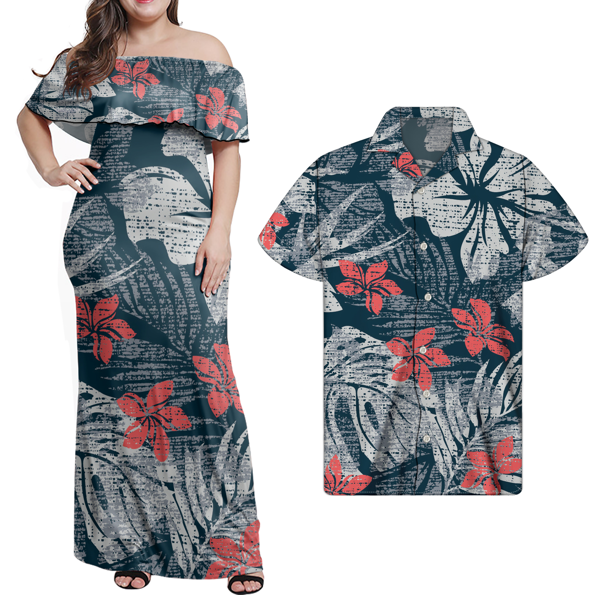 Couple SAMOA Attire: Polynesian Tribal Design Informal Off-Shoulder Ruffle Gown & Skirt Set for Elegant Matching Outfits for Males and Girls