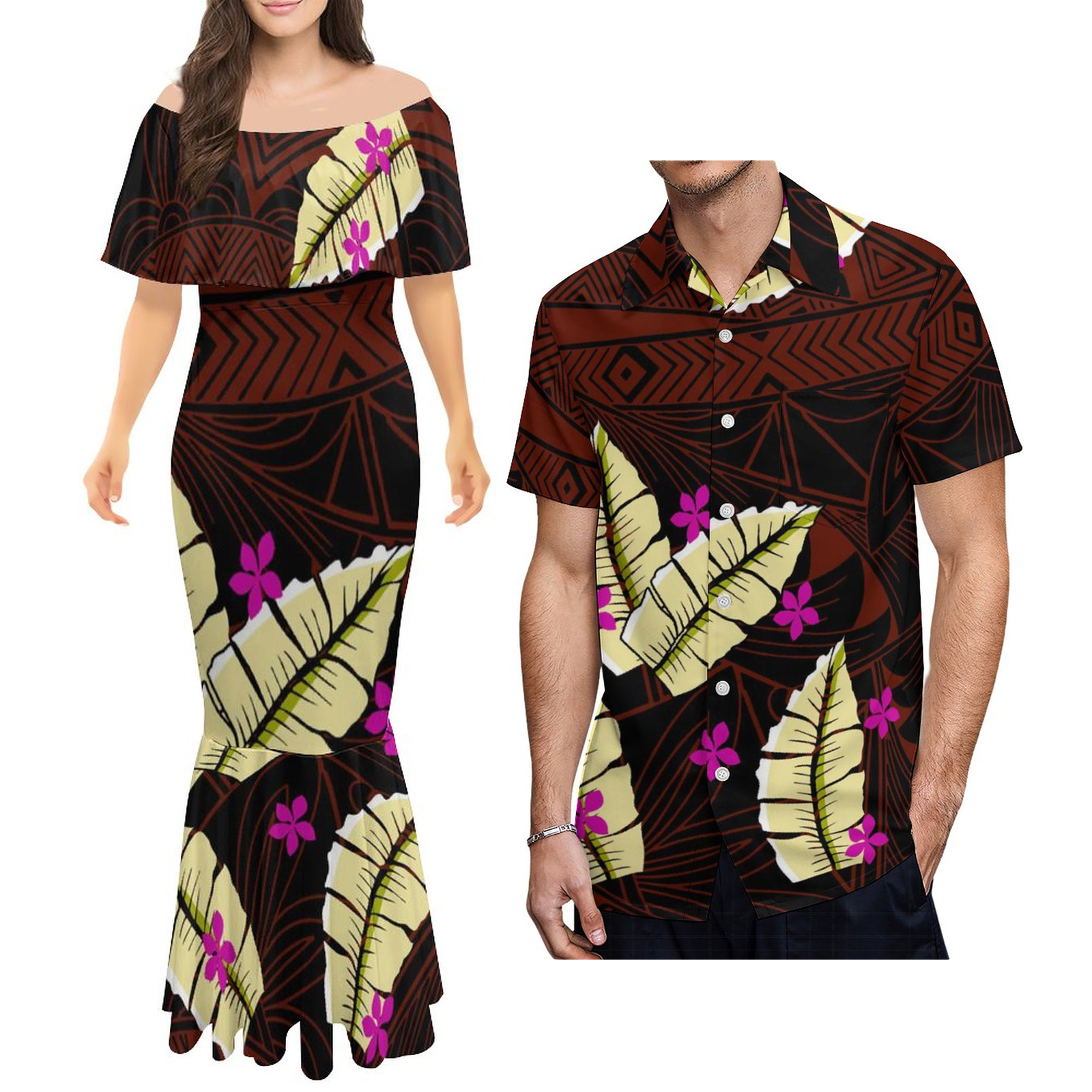 Custom-made Polynesian Couple Outfits: 2-Piece Set with Ladies's Layered Ruffle Half Shoulder Gown and Matching Males's Shirt