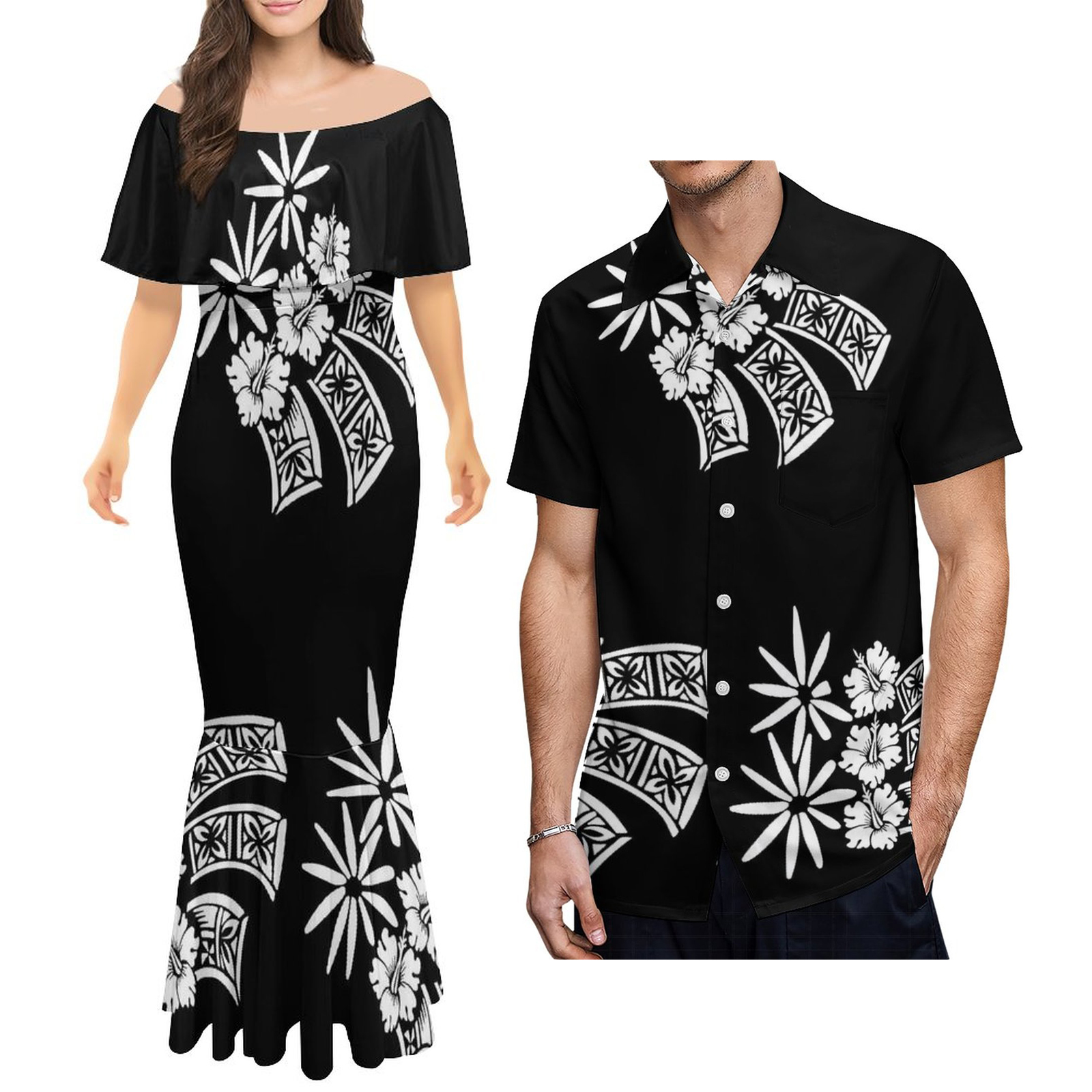 Custom-made Polynesian Couple Outfits: 2-Piece Set with Ladies’s Layered Ruffle Half Shoulder Gown and Matching Males’s Shirt