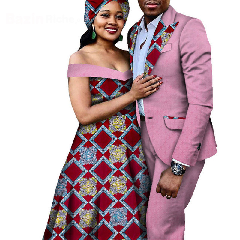 Fashionable African Nationwide Couple's Apparel: Girls's Lengthy Skirt Costume with Males's Go well with Jacket and Trousers