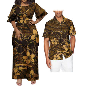 Matching Couple Outfit Units: Ladies’s Night Attire with Polynesian Sample and Basic Males’s Hawaiian Shirts in Plus Sizes