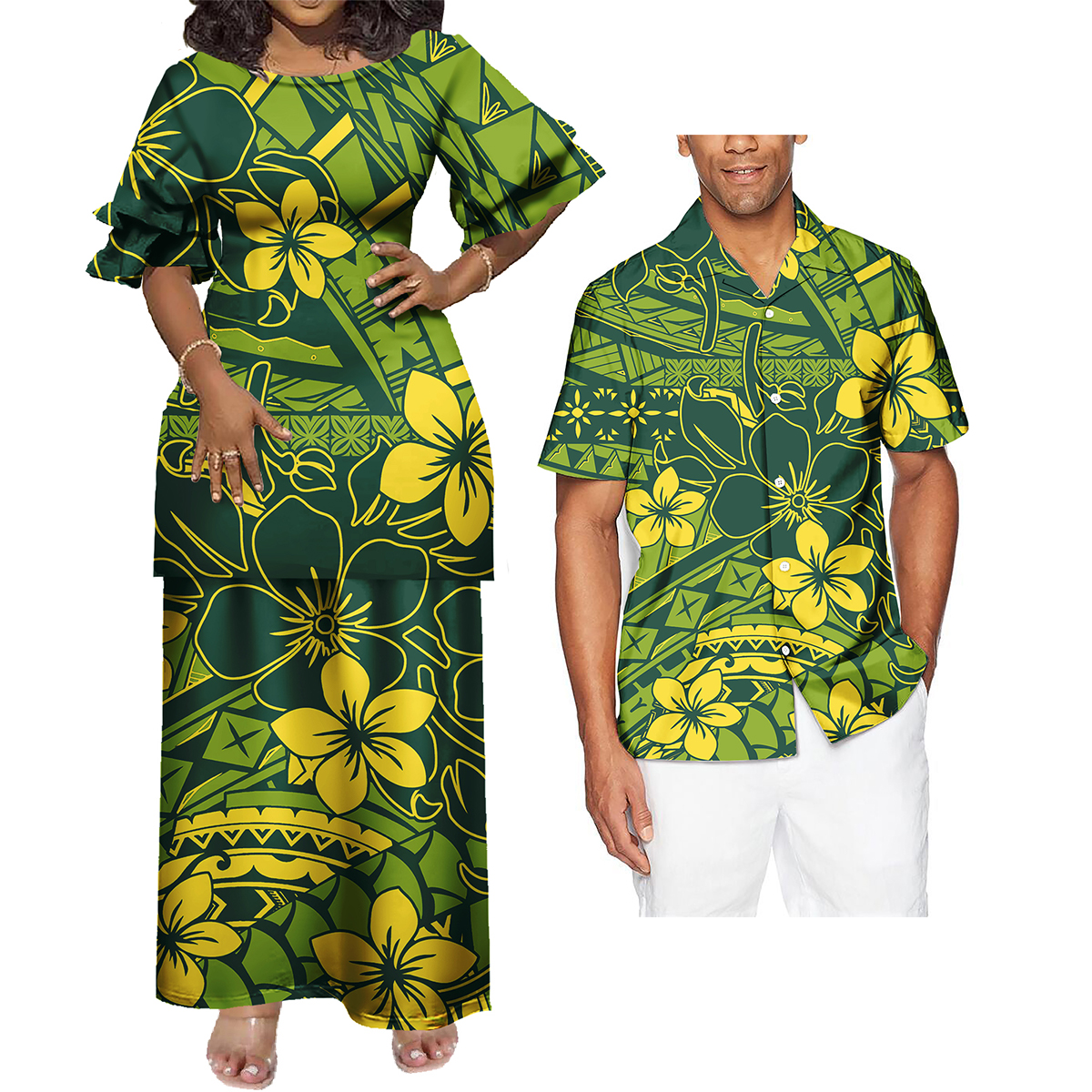 Matching Couple Outfit Units: Ladies's Night Attire with Polynesian Sample and Basic Males's Hawaiian Shirts in Plus Sizes