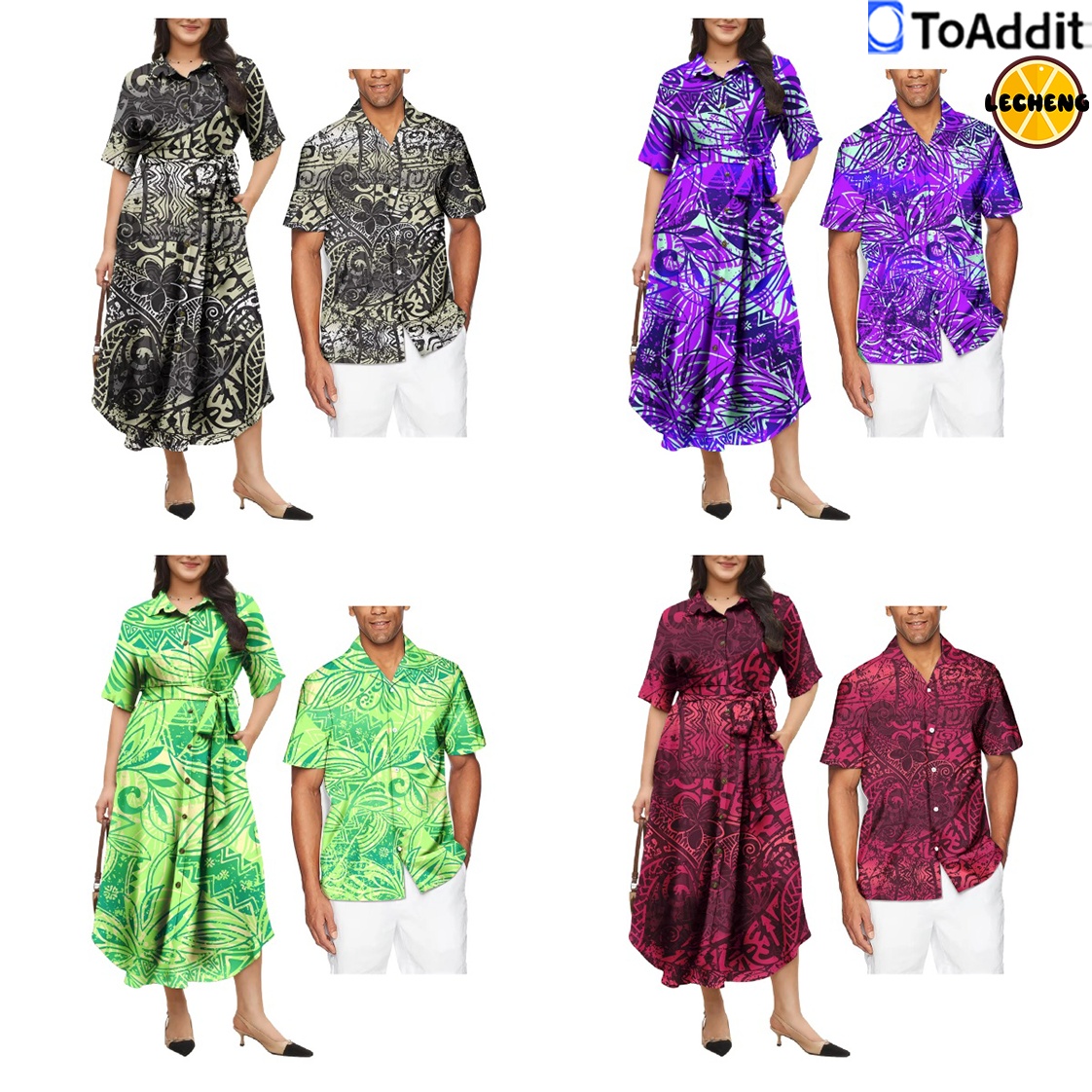 Matching Polynesian Tribal Fijian Print Outfits for Marriage ceremony Events - {Couples} Attire for Ladies and Aloha Shirts for Males